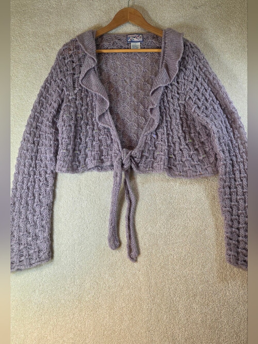 April Cornell Purple Sequin Crochet Cropped Tie Cardigan Coquette Womens L